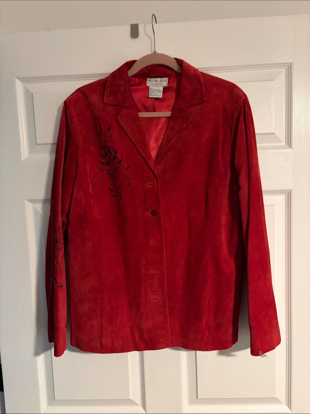 Red Suede Floral-Embroidered Button Jacket